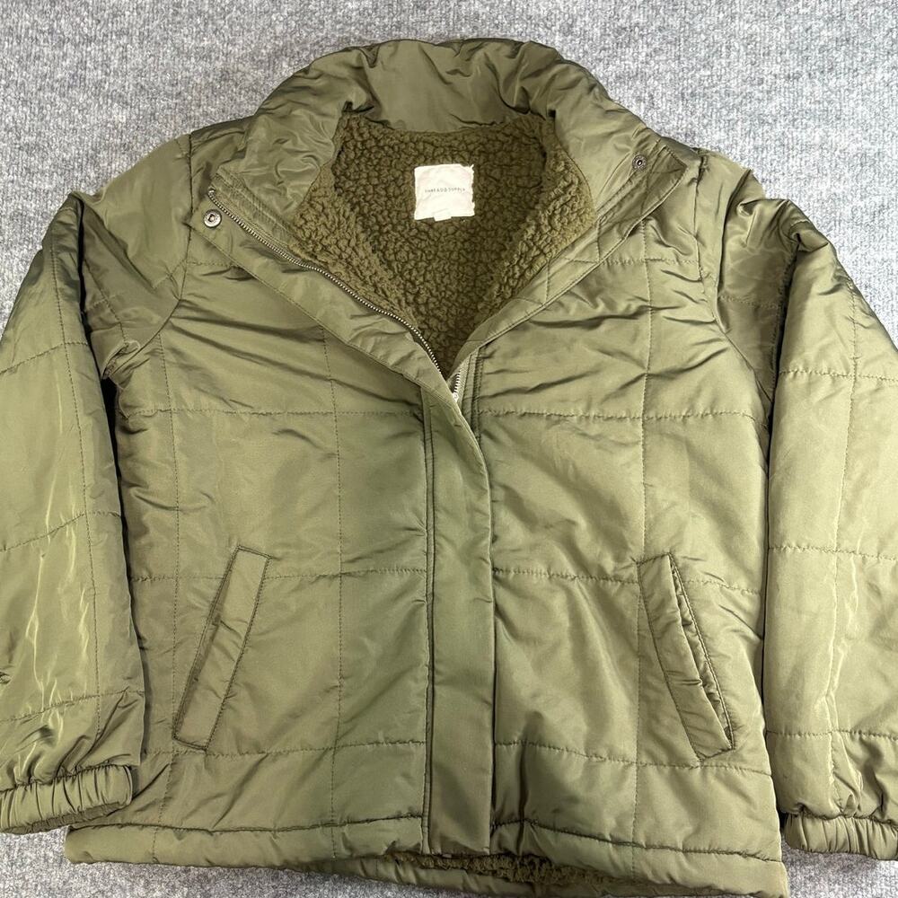 Thread & Supply Army Green Quilted Full Zipper Puffer Jacket  Fleece Lined Sz M